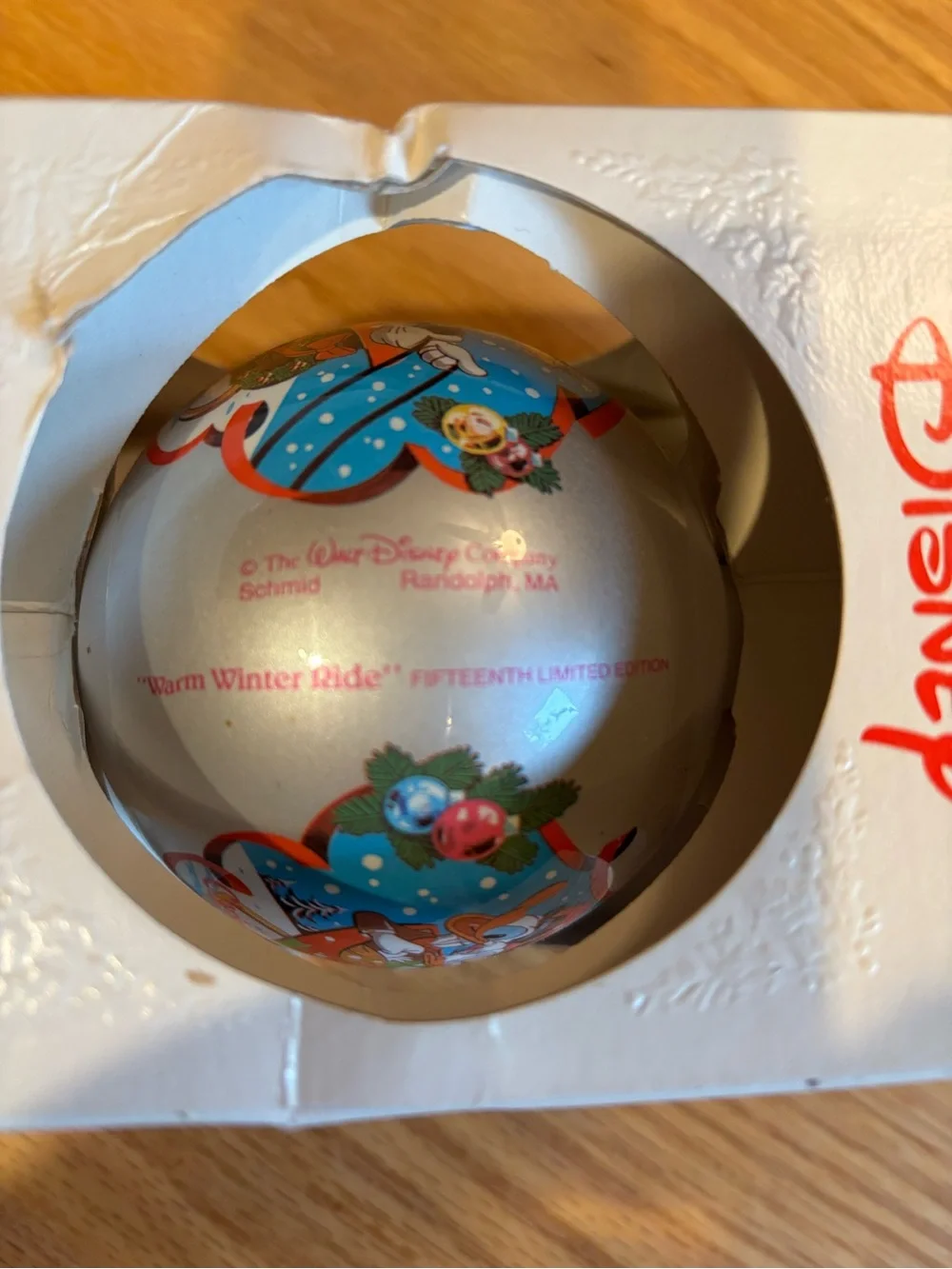 Schmid Disney “Warm Winter Ride” Glass Ball Ornament Vintage Christmas 1988